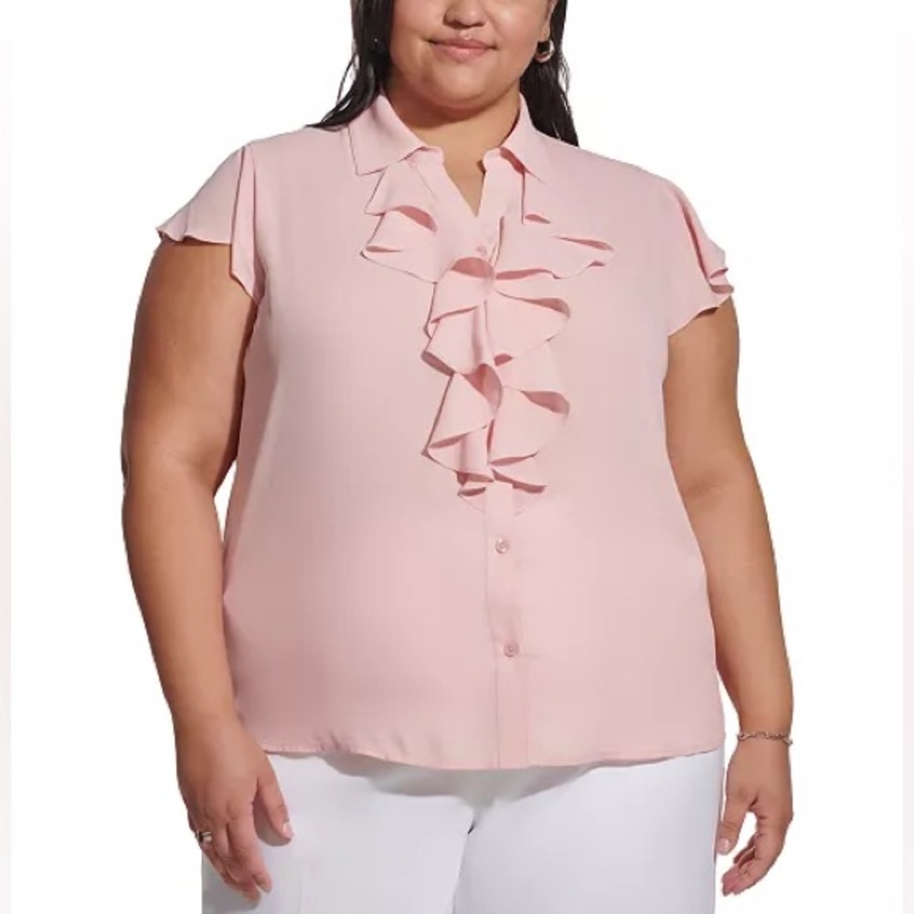 Calvin Klein Solid Cap-Sleeve Ruffle Front Top Petal Pink Plus Size